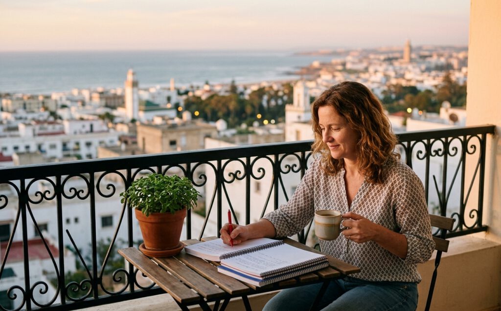 Teacher marking notebooks on her apartment balcony in Rabat