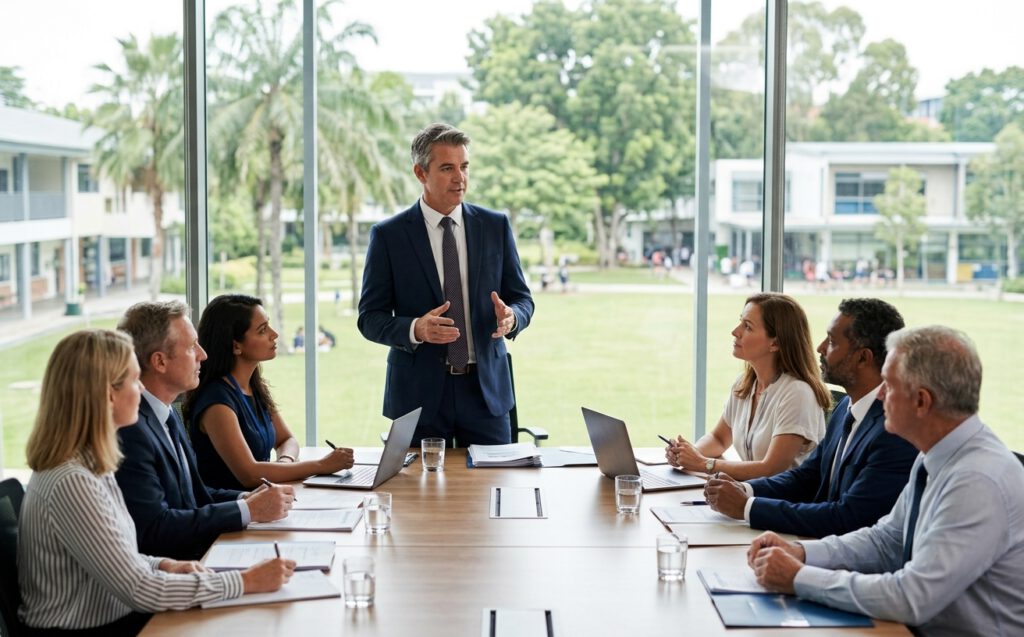 Head of school presenting to the board in the boardroom of an international school