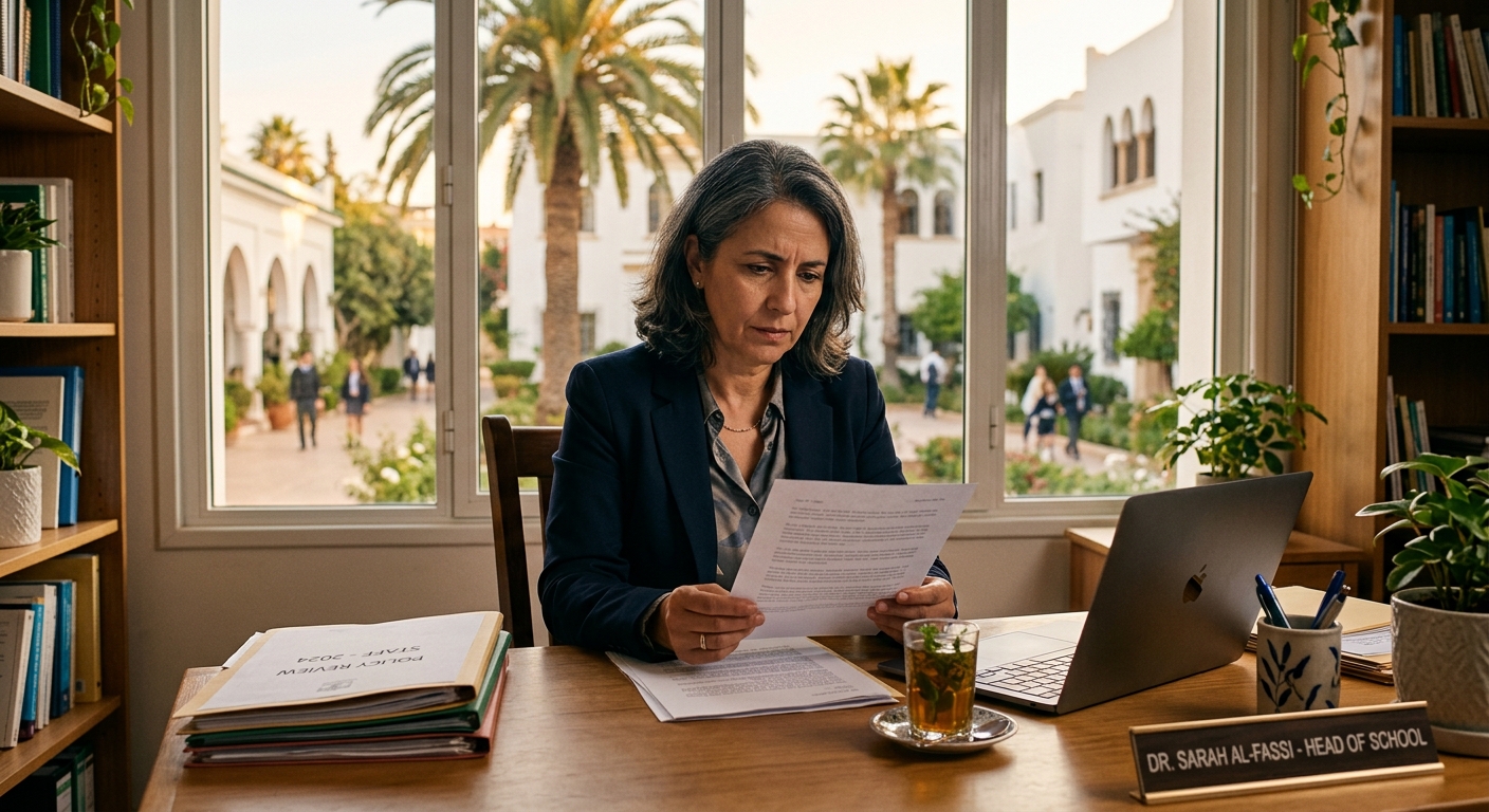 Head of school reading a letter at her desk with a thoughtful expression