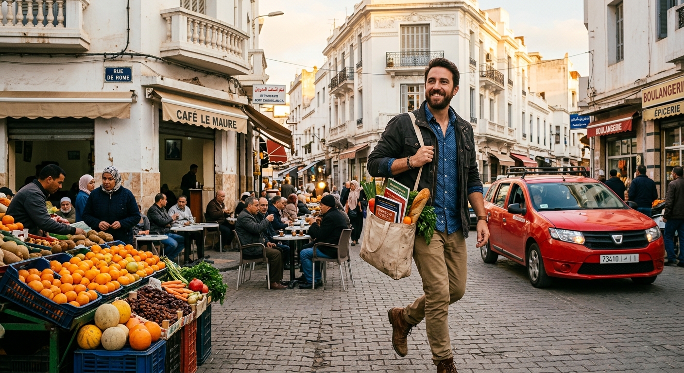 International teacher walking through a Casablanca street with books and fresh produce